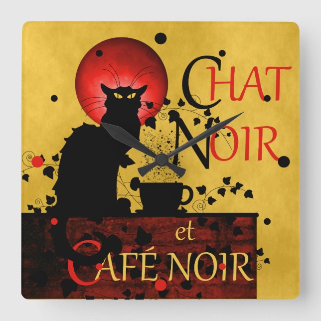 Relógio Quadrado Le Chat Noir et Café Noir (Frente)
