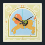 Relógio Quadrado Leão Carousel de June Erica Vess<br><div class="desc">O rei da selva é rendido como um animal carrossel nesta peça por June Erica Vess. Com um rosto sorridente este é um impressão muito amigável para crianças. Compre hoje e coloque na parede do berçário de seu filho!</div>