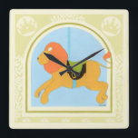 Relógio Quadrado Leão Carousel de June Erica Vess<br><div class="desc">O rei da selva é rendido como um animal carrossel nesta peça por June Erica Vess. Com um rosto sorridente este é um impressão muito amigável para crianças. Compre hoje e coloque na parede do berçário de seu filho!</div>