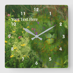 Relógio Quadrado Leão E Flores Selvagens Fantasia Arte Animal