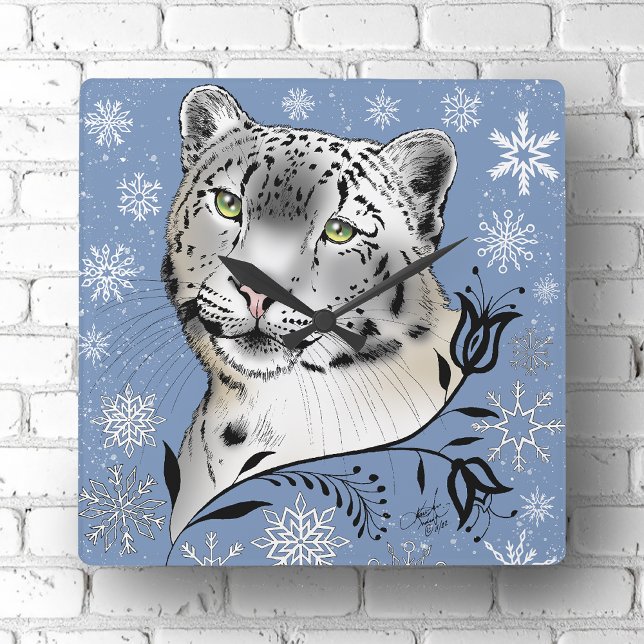 Relógio Quadrado Leopardo-das-neves e Flocos de Neve (Criador carregado)