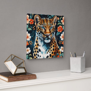 Relógio Quadrado Leopardo floral da vinha
