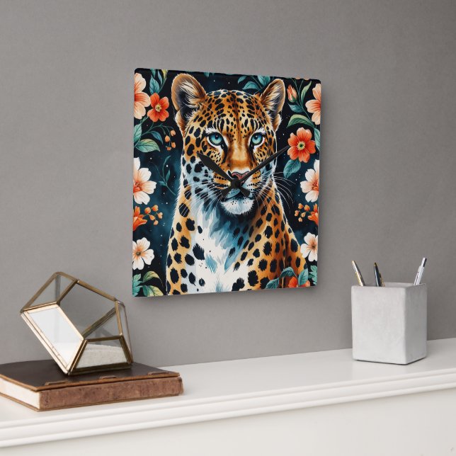 Relógio Quadrado Leopardo floral da vinha (Escritório)