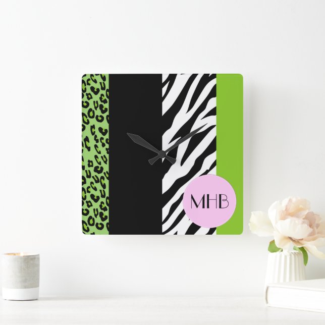 Relógio Quadrado Leopardo, Zebra, Impressão Animal, Verde, Monogram (Lar)