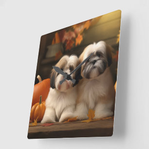Relógio Quadrado Lhasa Apso Puppy Autumn Delight Pumpkin