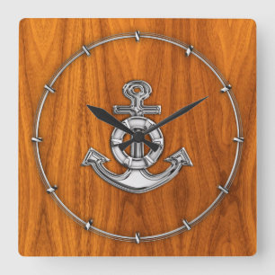 Relógio Quadrado Lifesaver Chrome Anchor on Teak Veneer Styles
