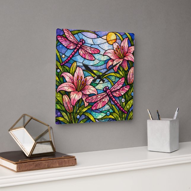 Relógio Quadrado Lilies e Libélulas Rosa em Vidro Fosco (Escritório)