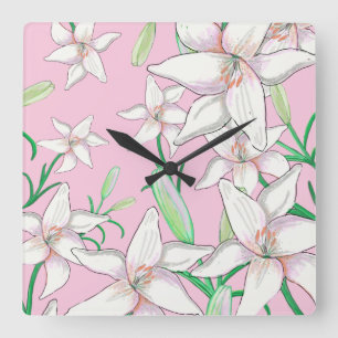 Relógio Quadrado Lillies Brancos na Ilustração de Fundo Rosa