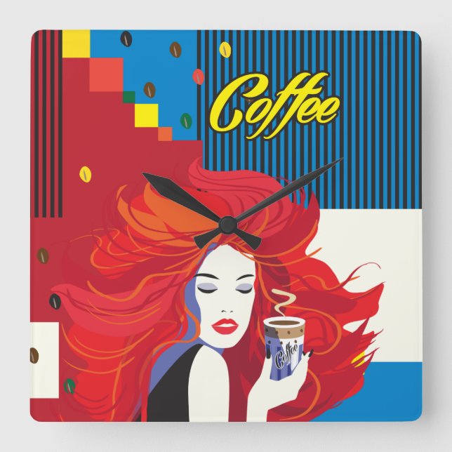 Relógio Quadrado "Linda moça com copa de café" Pop Art (Frente)