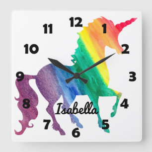 Relógio Quadrado Linda Rainbow Unicorn Personalizado Kids Girly
