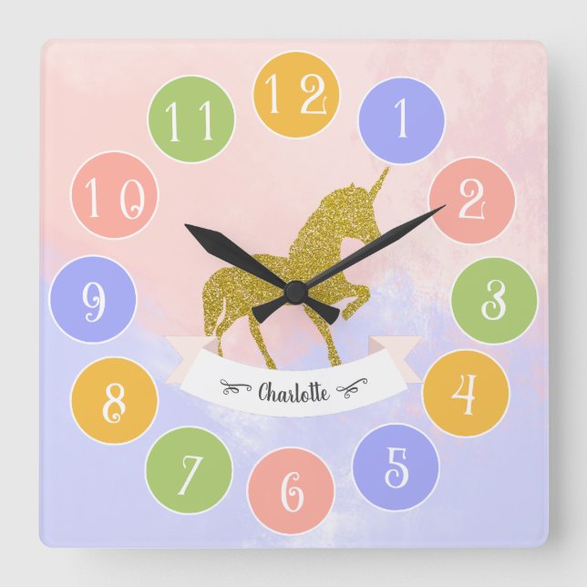 Relógio Quadrado Linda silhueta Unicorn cheia de Squ brilhante (Frente)