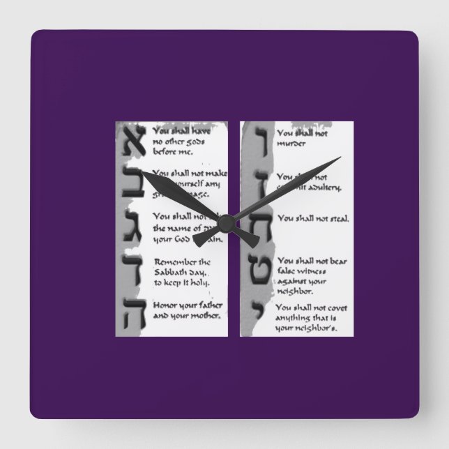 Relógio Quadrado Linda Tapeçaria dos Dez Mandamentos Hebraicos (Frente)