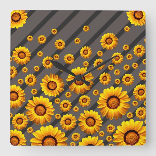 Relógio Quadrado Lindas flores amarelas nas cinzas, faixas pretas (Frente)