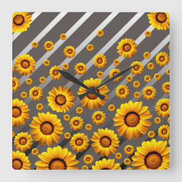 Relógio Quadrado Lindas flores amarelas nas cinzas, listras pratead