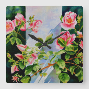 Relógio Quadrado Lindas rosas brancas, cor-de-rosa, cor-de-água flo