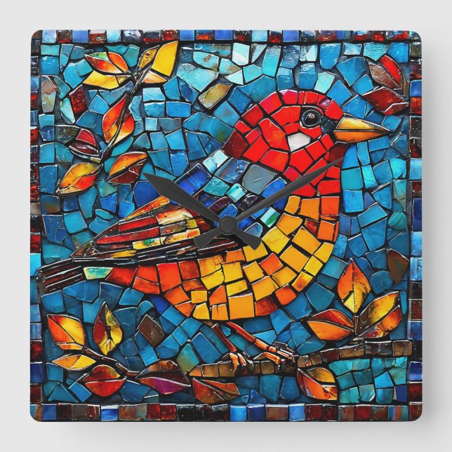 Relógio Quadrado Lindo pássaro mosaico (Frente)