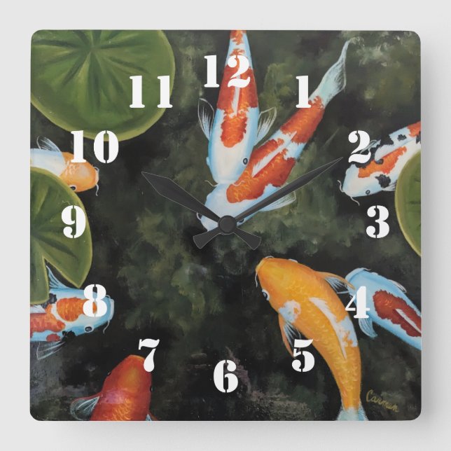 Relógio Quadrado Lindos Peixes Koi (Frente)