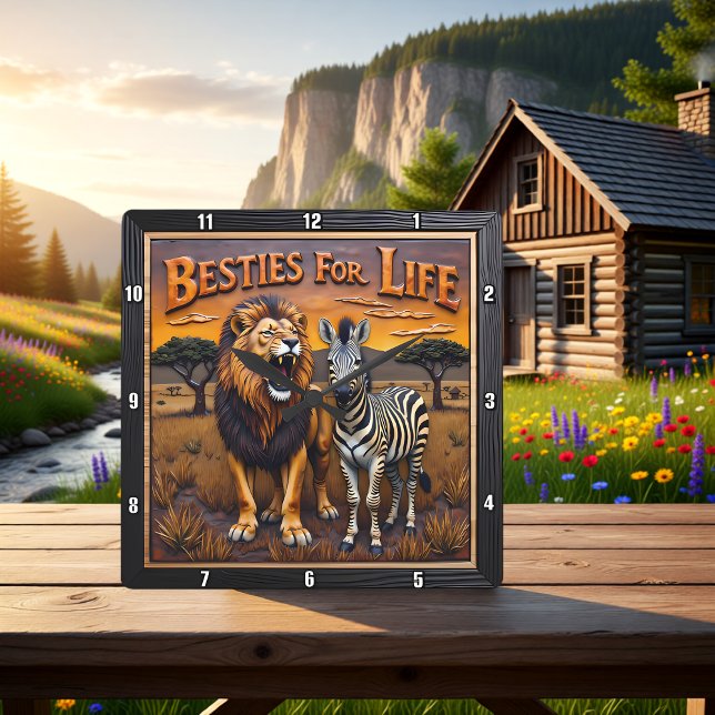 Relógio Quadrado Lion Zebra Savanna Besties (Criador carregado)