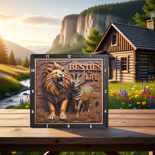Relógio Quadrado Lion Zebra Savanna Friendship (Criador carregado)