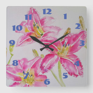 Relógio Quadrado Lírio Rosa Bonito Lírios Arte Aquarela Flor 