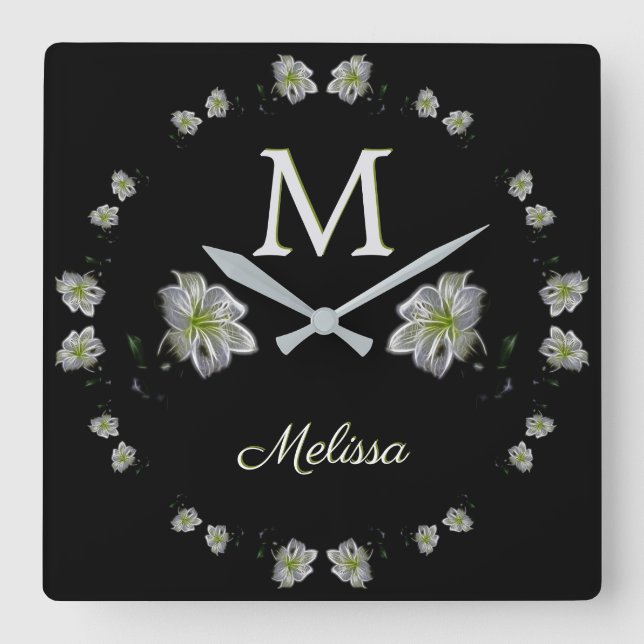 Relógio Quadrado Lírios Brancos Elegantes Floral (Frente)