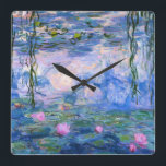 Relógio Quadrado Lírios de água<br><div class="desc">Water Lily é uma série de mais de 200 pinturas a óleo do Impressionista Francês Claude Monet. Esta pintura,  completada em 1919,  apresenta tons de azul e rosa.</div>