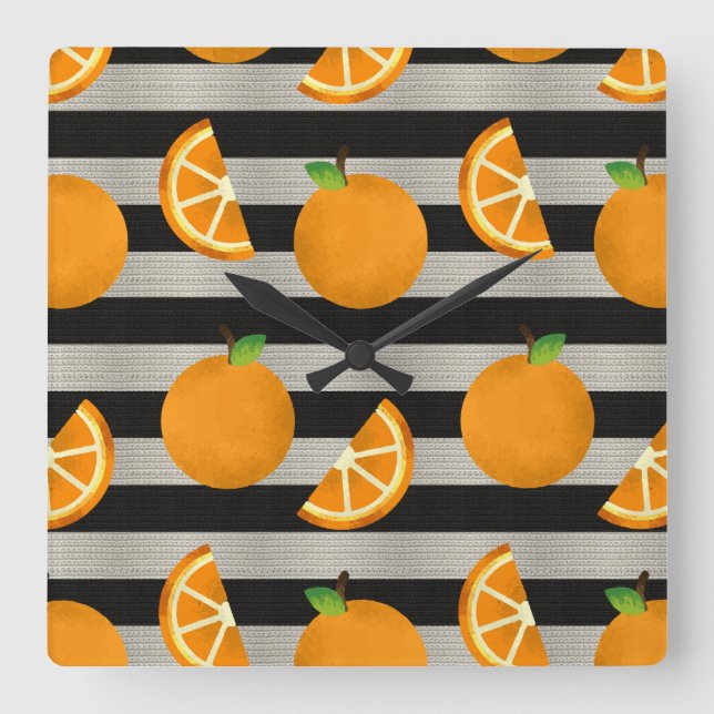 Relógio Quadrado Listras Modernas Laranja Preto e Branco (Frente)