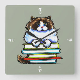 Relógio Quadrado Livros espertos do gatinho de Ragdoll