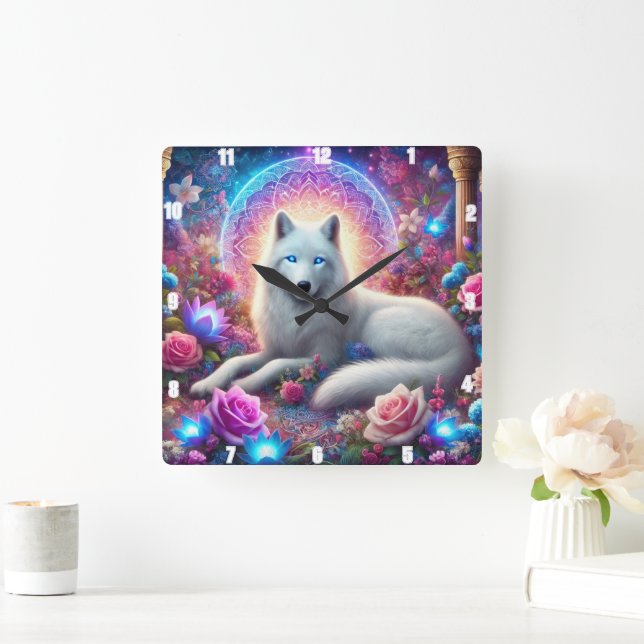 Relógio Quadrado Lobo Branco Místico (Lar)
