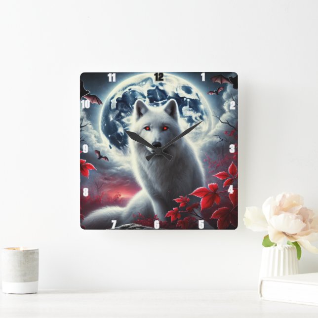 Relógio Quadrado Lobo Cheia Lua Mística Bates em Cores Vibrantes (Lar)