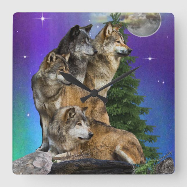 Relógio Quadrado Lobo e Lua (Frente)
