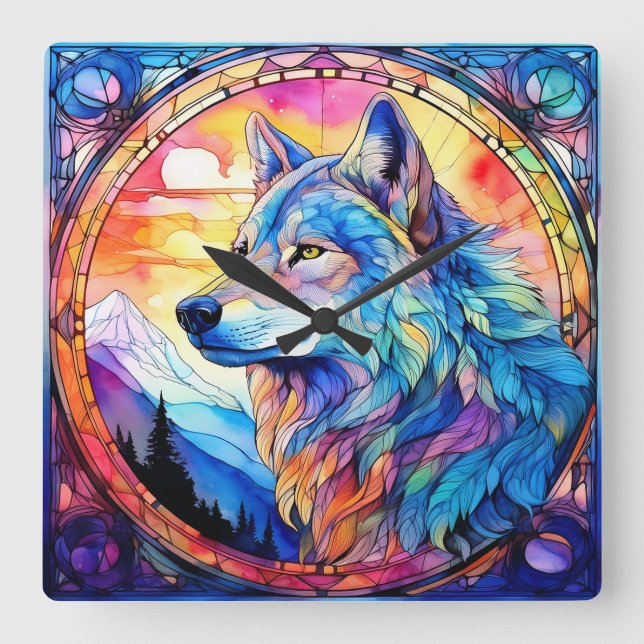 Relógio Quadrado Lobo em Vidro Colorido (Frente)