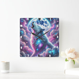 Relógio Quadrado Lobo Místico A Uivar Sob A Lua Cósmica Vibrante