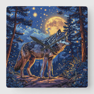 Relógio Quadrado Lobo na floresta