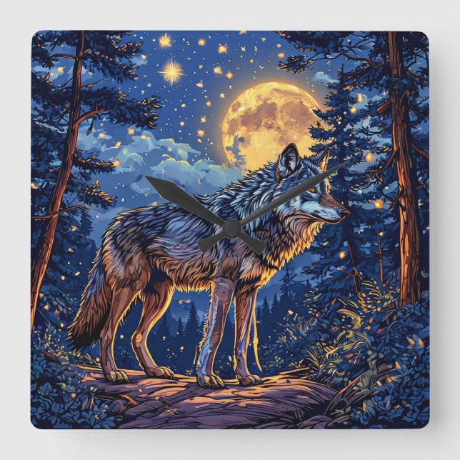 Relógio Quadrado Lobo na floresta (Frente)