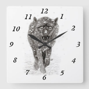 Relógio Quadrado Lobo Negro Zangado na Neve, inverno selvagem