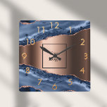 Relógio Quadrado Logotipo comercial do rosa de mármore azul<br><div class="desc">Um agate azul escuro e rosa ouro,  impressão de pedra mármore como fundo Personalize e adicione o logotipo da sua empresa. Números de ouro.</div>