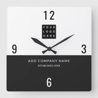 Relógio Quadrado Logotipo Minimalista da Empresa Nome Preto Branco