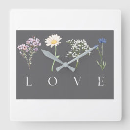 Relógio Quadrado LOVE Floral – Impressão Botânica Romântica