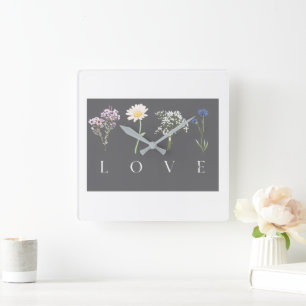 Relógio Quadrado LOVE Floral  – Impressão Botânica Romântica