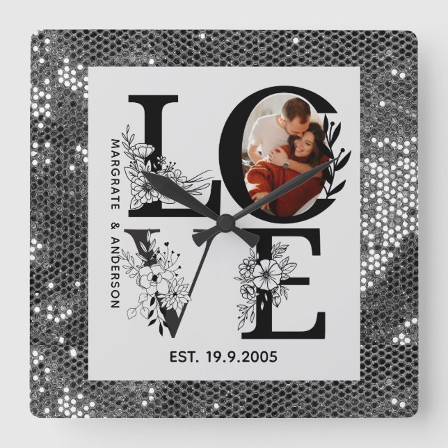 Relógio Quadrado Love photo simple modern personalised gift silver (Frente)