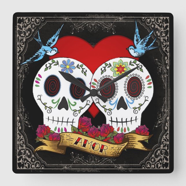 Relógio Quadrado Love Skulls Square Wall Clock (Frente)