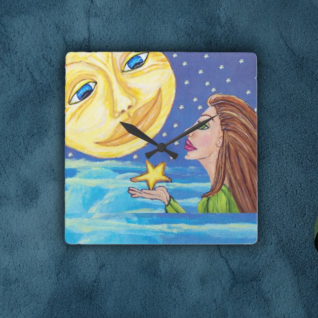 Relógio Quadrado Lua Amarela Sorria Cara Estrelas Fantasia Mulher (Woman holding star looking at yellow moon with face on blue night sky clouds on wall square clock.)