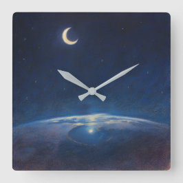 Relógio Quadrado Lua Crescente do Espaço - Estilo de Pintura Pastel