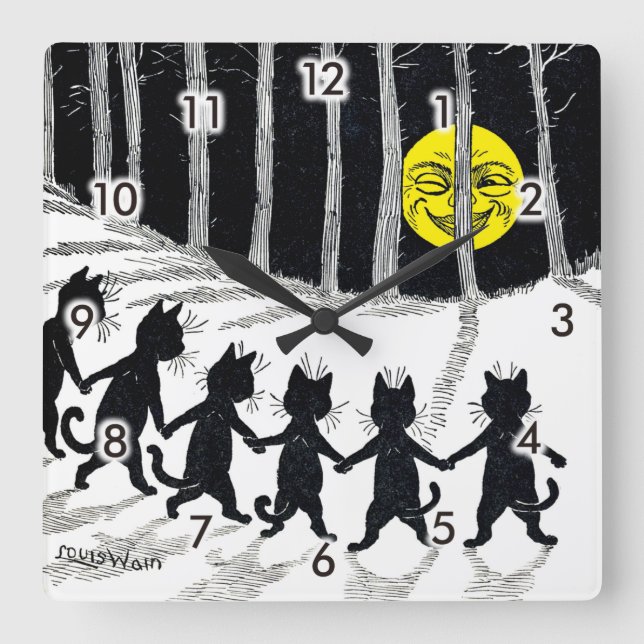 Relógio Quadrado Lua de Cheio e Gatos, Louis Wain (Frente)