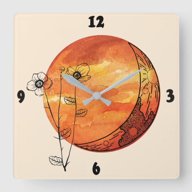 Relógio Quadrado Lua de laranja e flor de papoila (Frente)