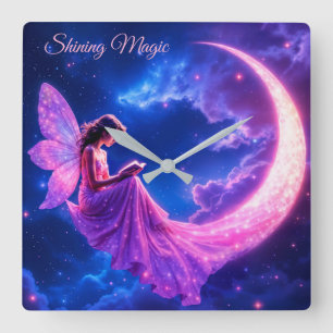 Relógio Quadrado Lua-de-lua-fada-rosa, magia fofa
