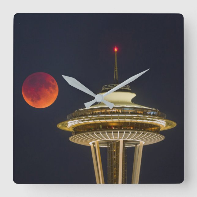Relógio Quadrado Lua de Sangue | Agulha Espacial de Seattle (Frente)