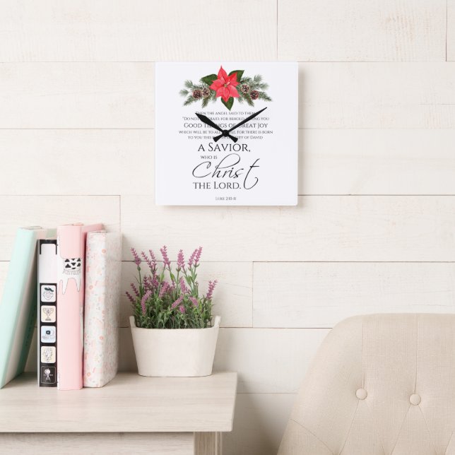 Relógio Quadrado Luke 2:10-11 Bons Tidings Poinsettia Natal (Sala de leitura)