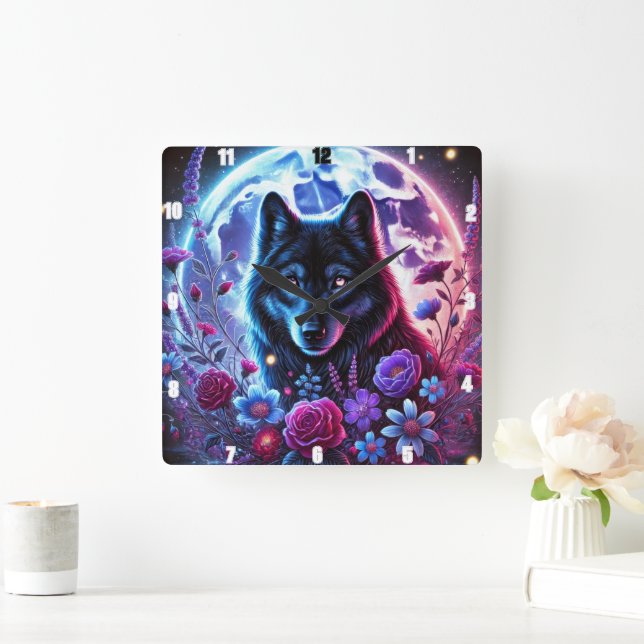 Relógio Quadrado Lunar Wolf e Floral Themed Design (Lar)
